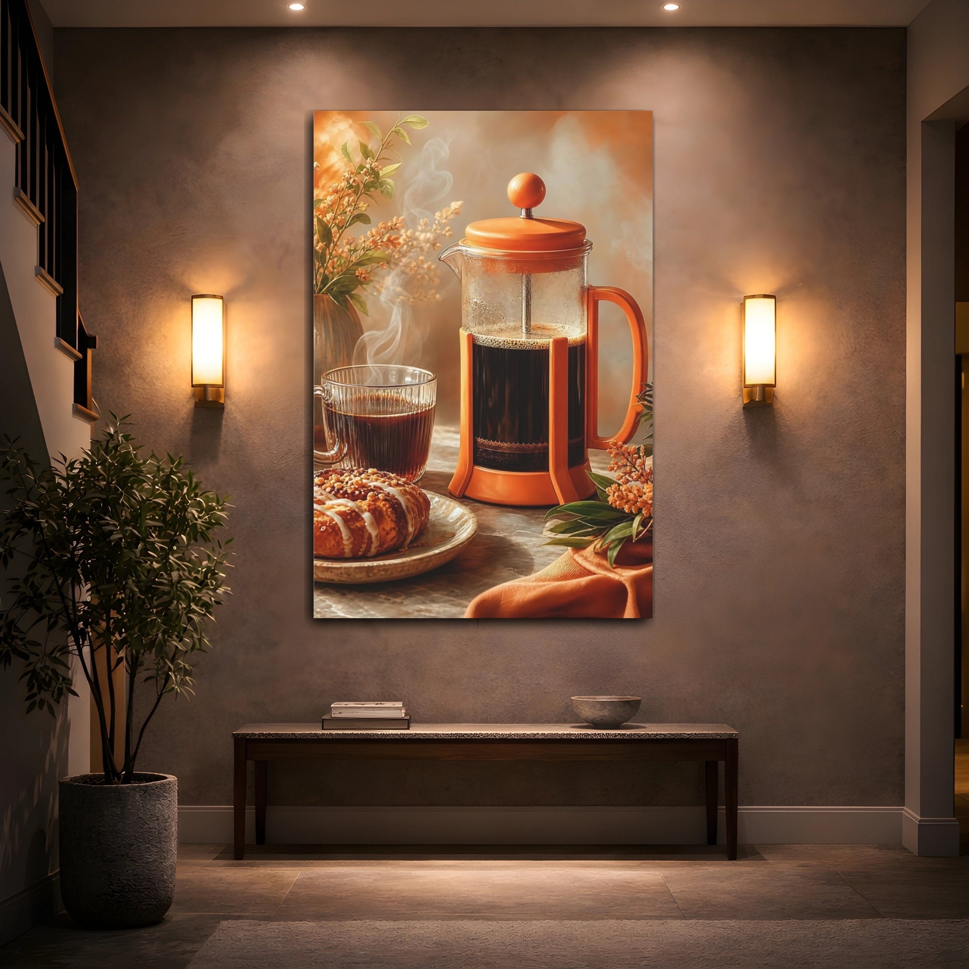Mockup 2. Cozy French Press Morning shown as canvas print
