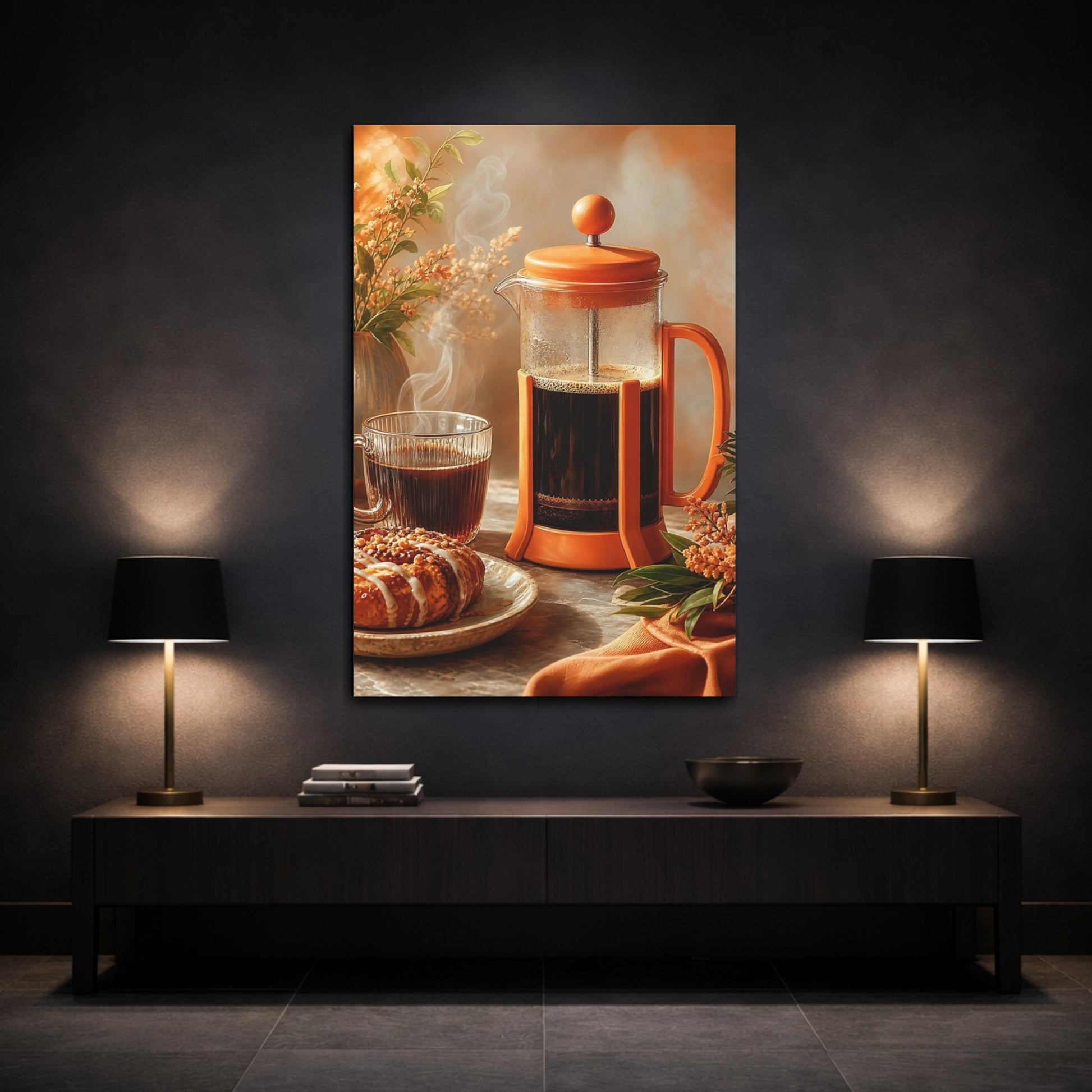 Mockup 3. Cozy French Press Morning shown as canvas print
