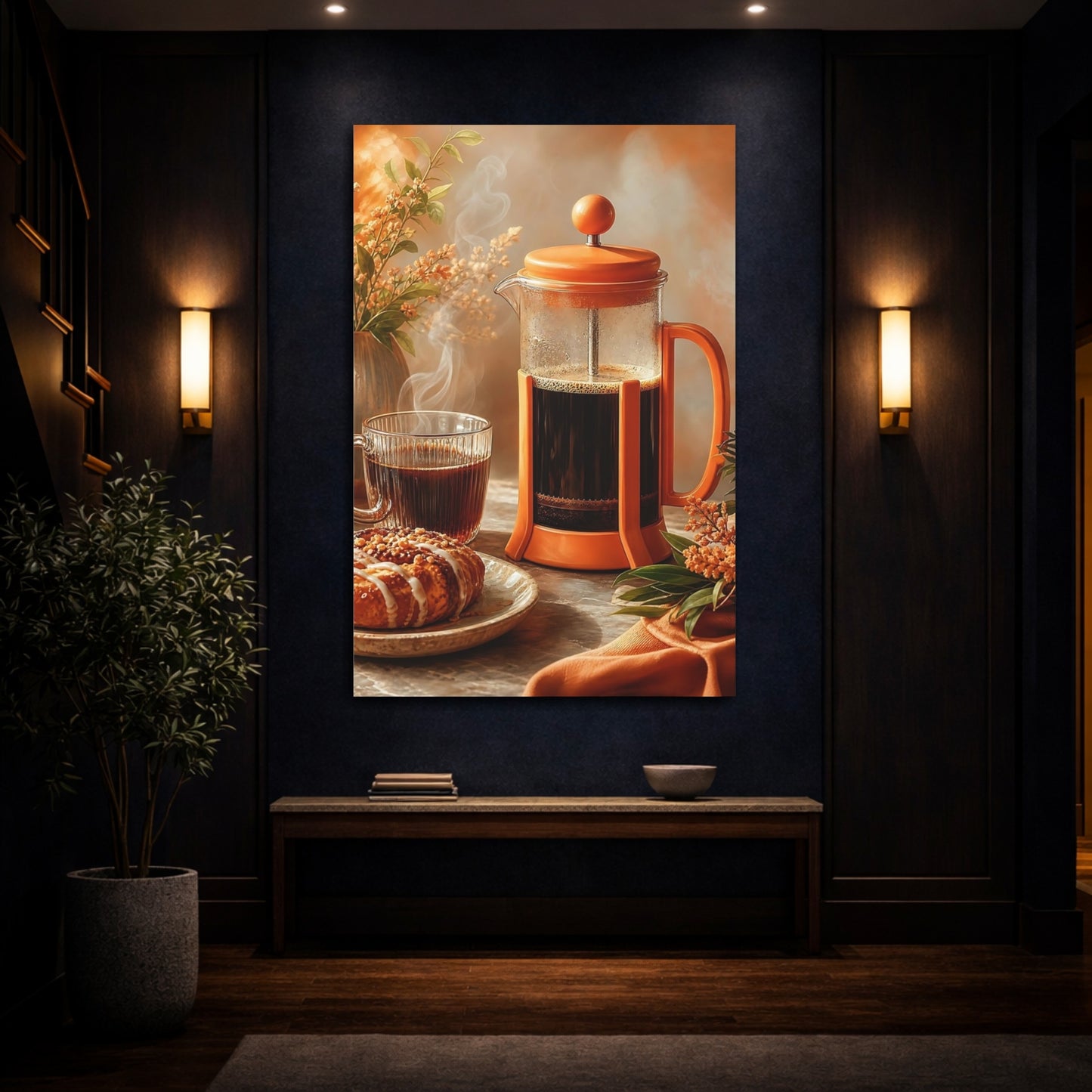 Mockup 4. Cozy French Press Morning shown as canvas print