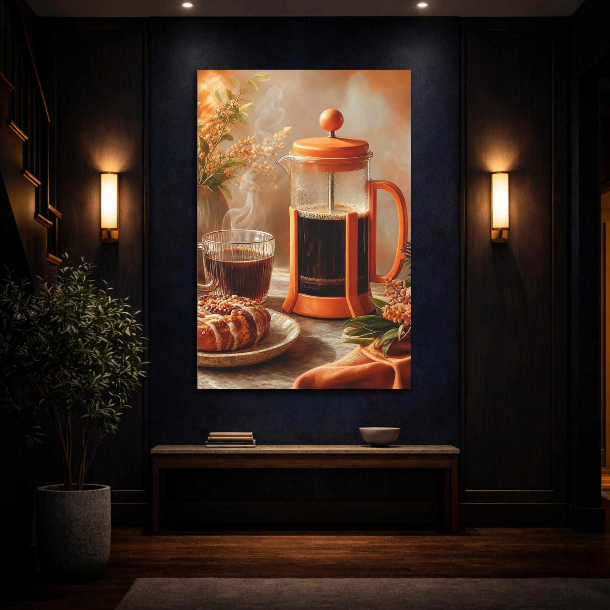 Mockup 4. Cozy French Press Morning shown as canvas print