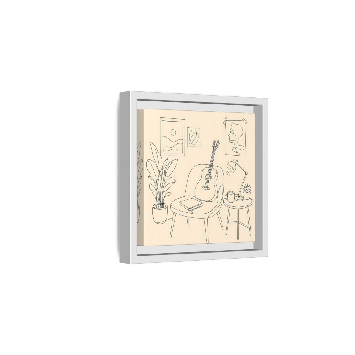 Side Mockup 1. Cozy Guitar Reading Nook shown as framed canvas print