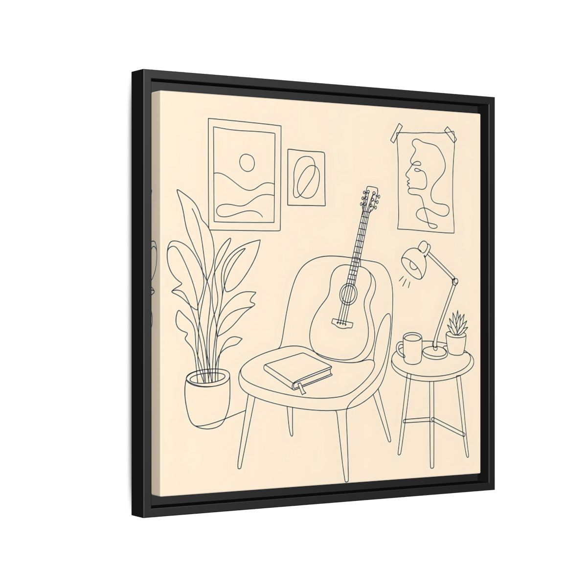 Side Mockup 12. Cozy Guitar Reading Nook shown as framed canvas print