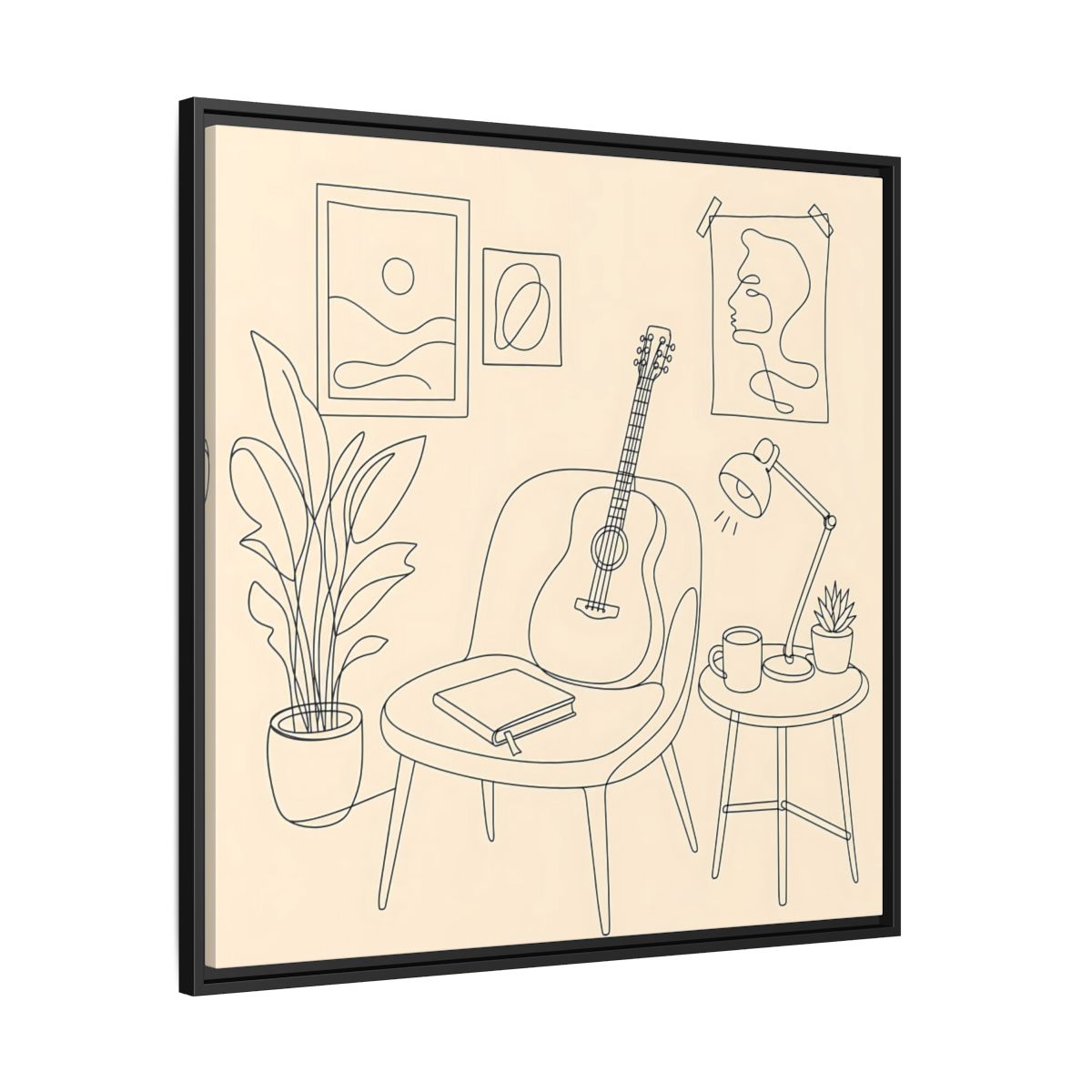 Side Mockup 30. Cozy Guitar Reading Nook shown as framed canvas print