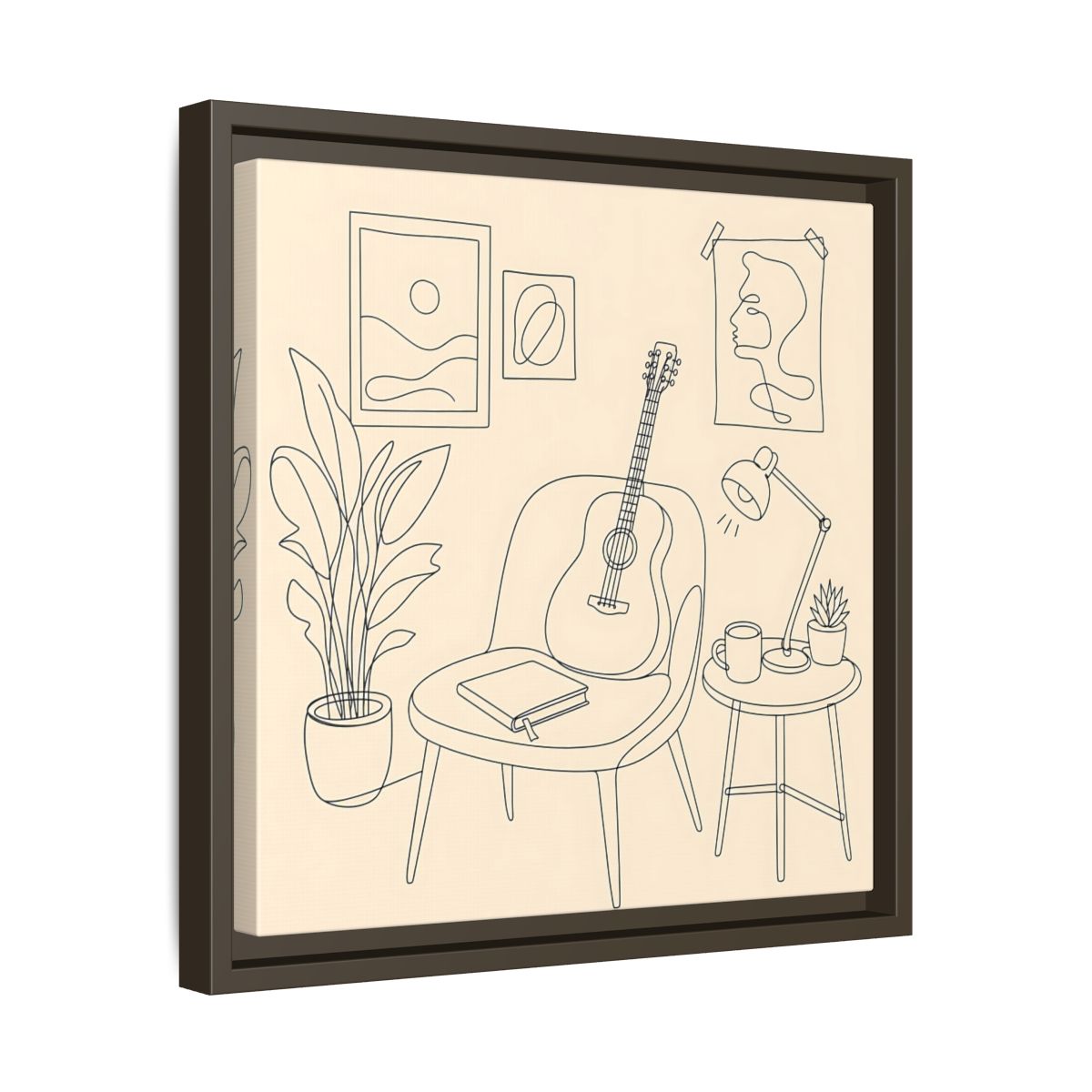 Side Mockup 29. Cozy Guitar Reading Nook shown as framed canvas print