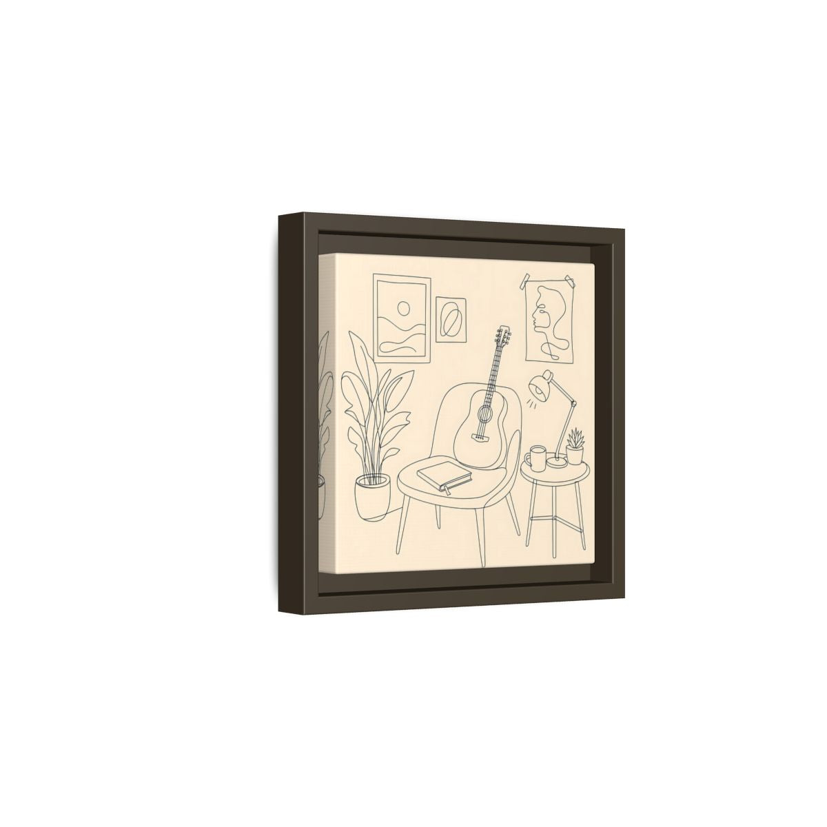 Side Mockup 2. Cozy Guitar Reading Nook shown as framed canvas print