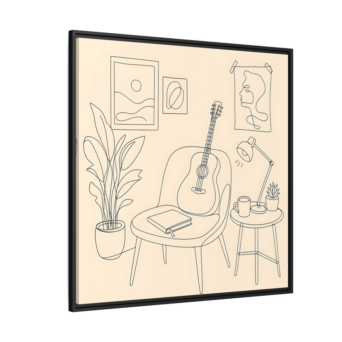 Side Mockup 6. Cozy Guitar Reading Nook shown as framed canvas print
