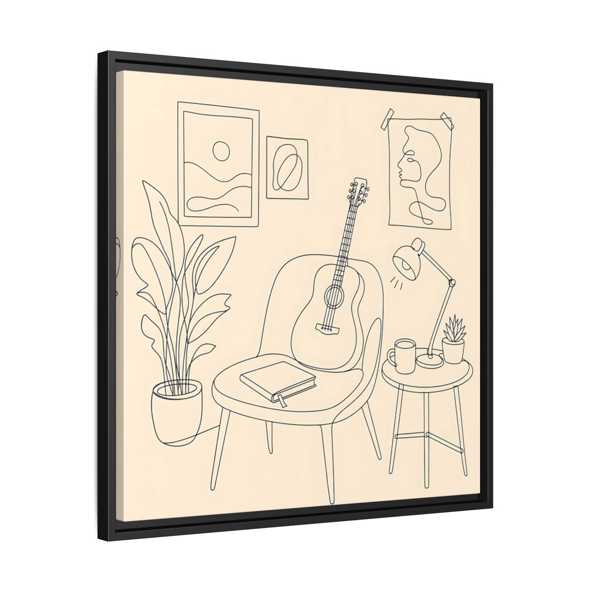 Side Mockup 31. Cozy Guitar Reading Nook shown as framed canvas print