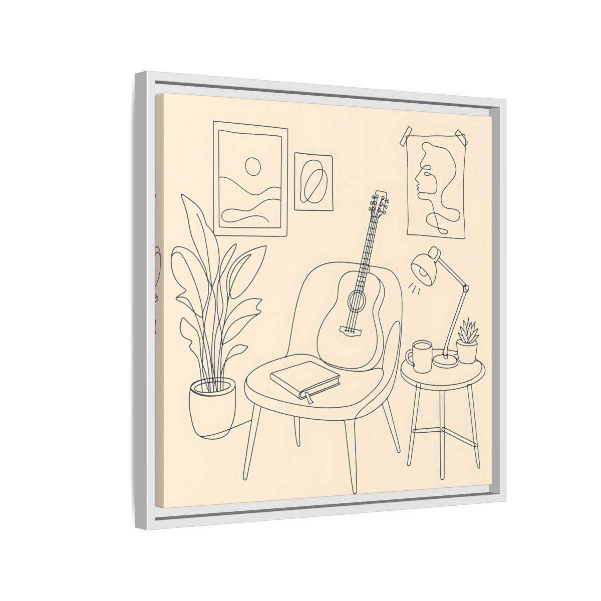 Side Mockup 10. Cozy Guitar Reading Nook shown as framed canvas print