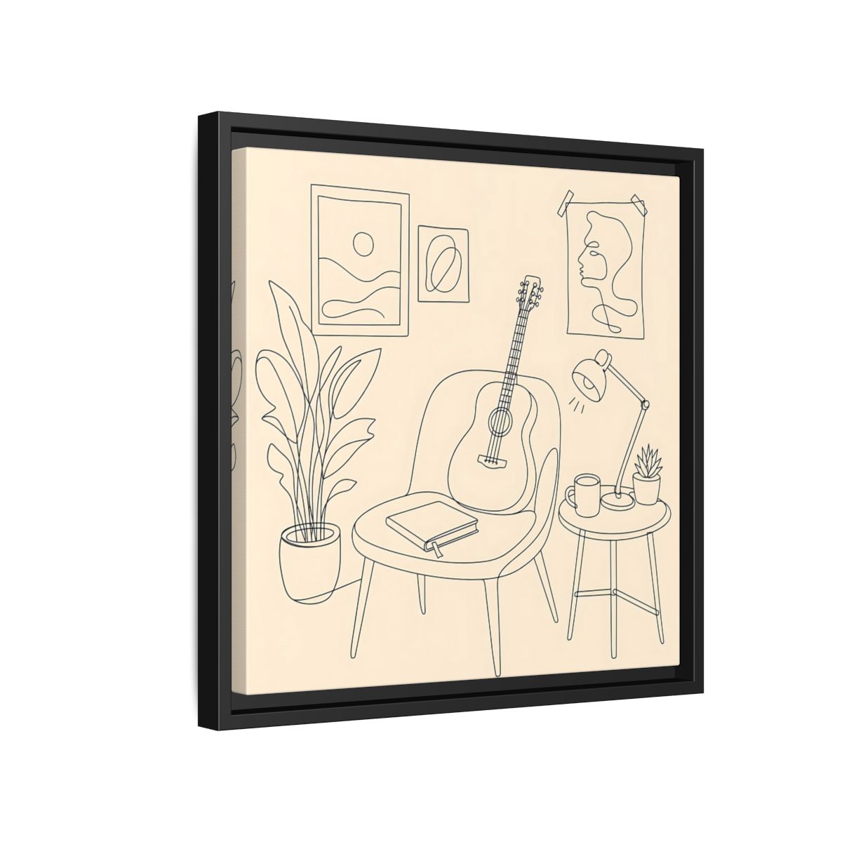 Side Mockup 15. Cozy Guitar Reading Nook shown as framed canvas print