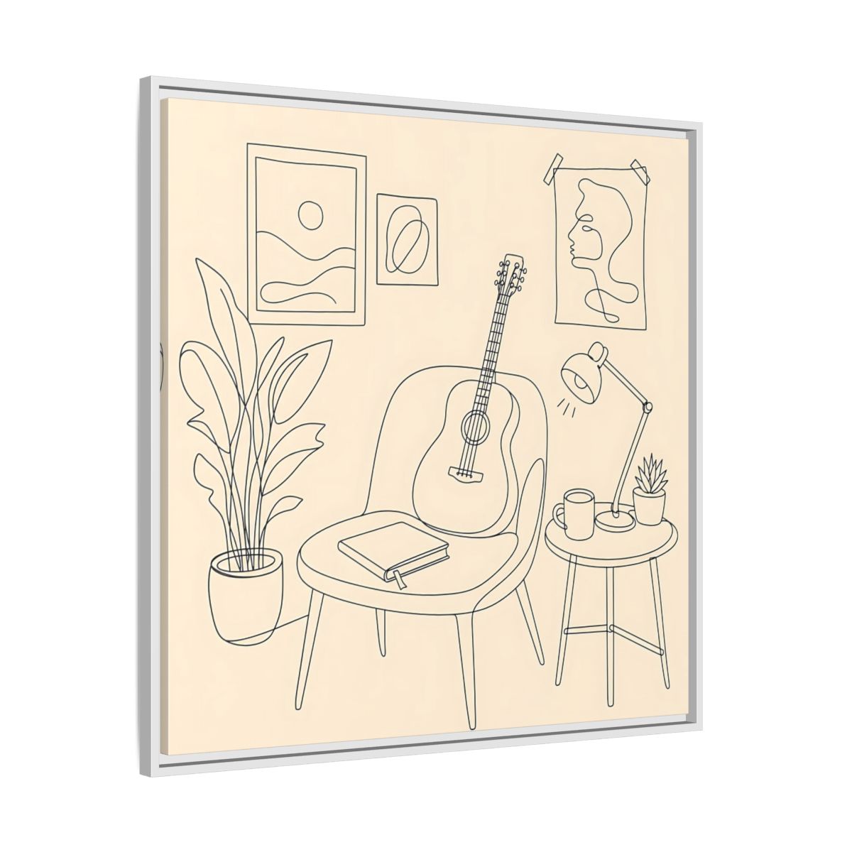 Side Mockup 25. Cozy Guitar Reading Nook shown as framed canvas print