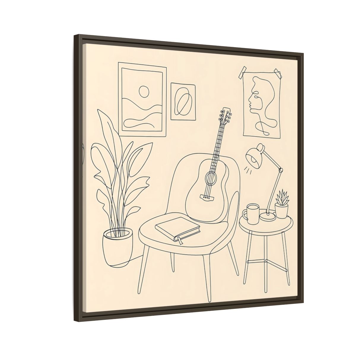 Side Mockup 8. Cozy Guitar Reading Nook shown as framed canvas print