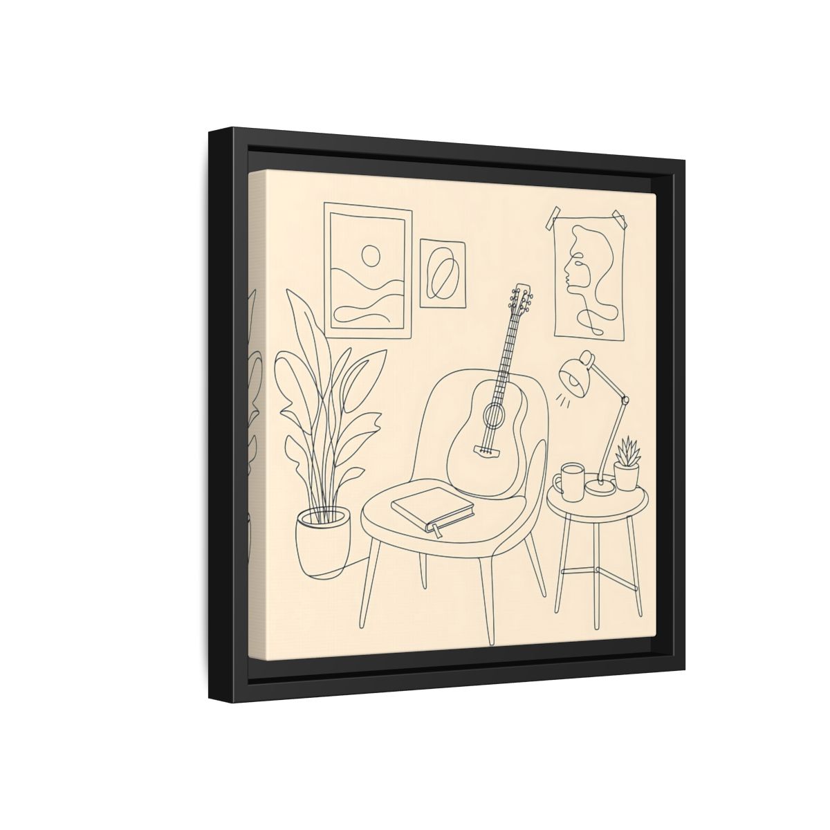 Side Mockup 18. Cozy Guitar Reading Nook shown as framed canvas print