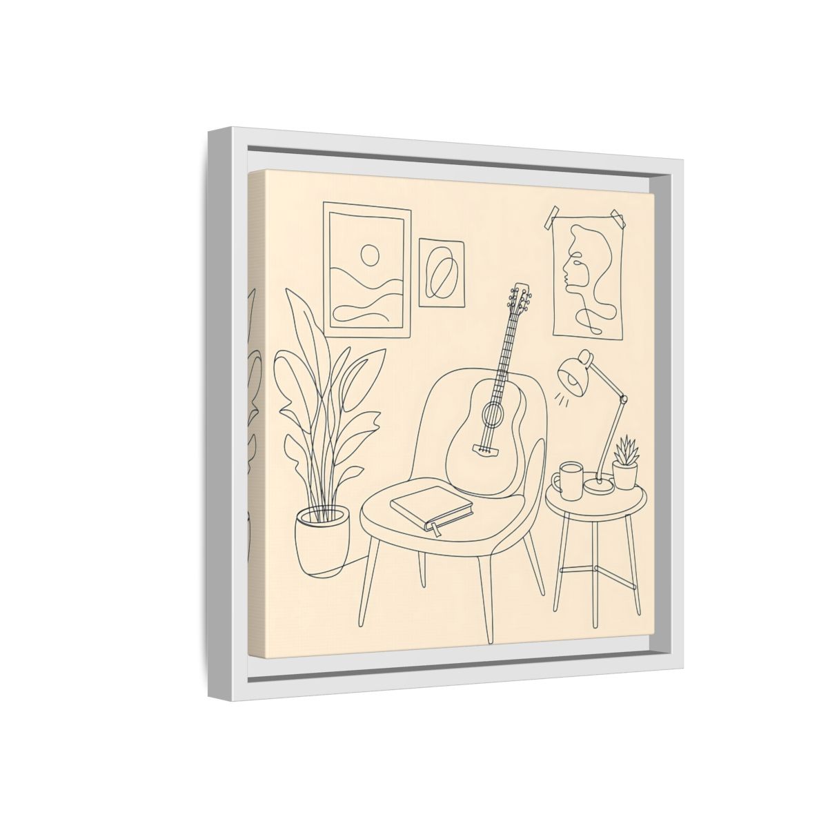 Side Mockup 16. Cozy Guitar Reading Nook shown as framed canvas print