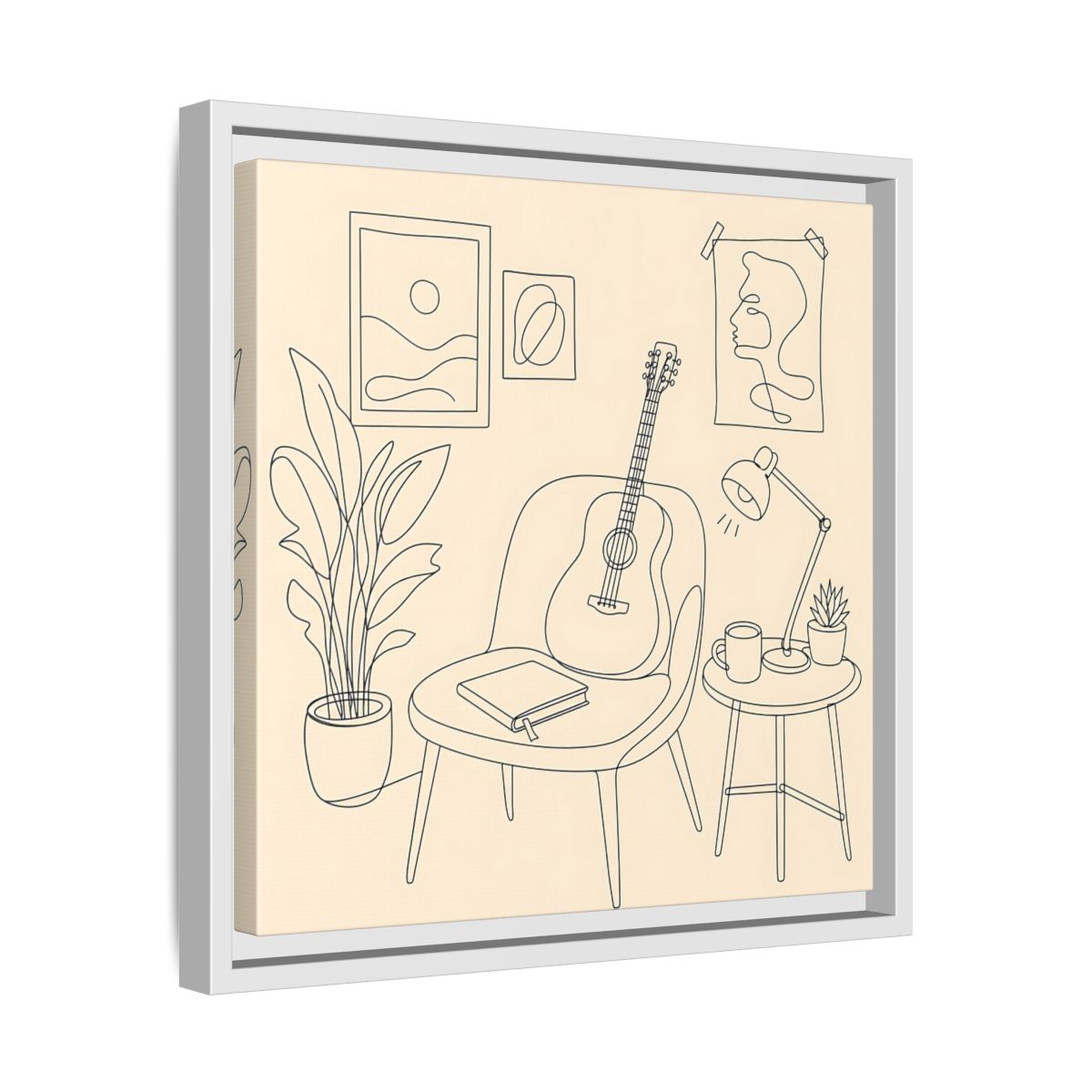 Side Mockup 28. Cozy Guitar Reading Nook shown as framed canvas print
