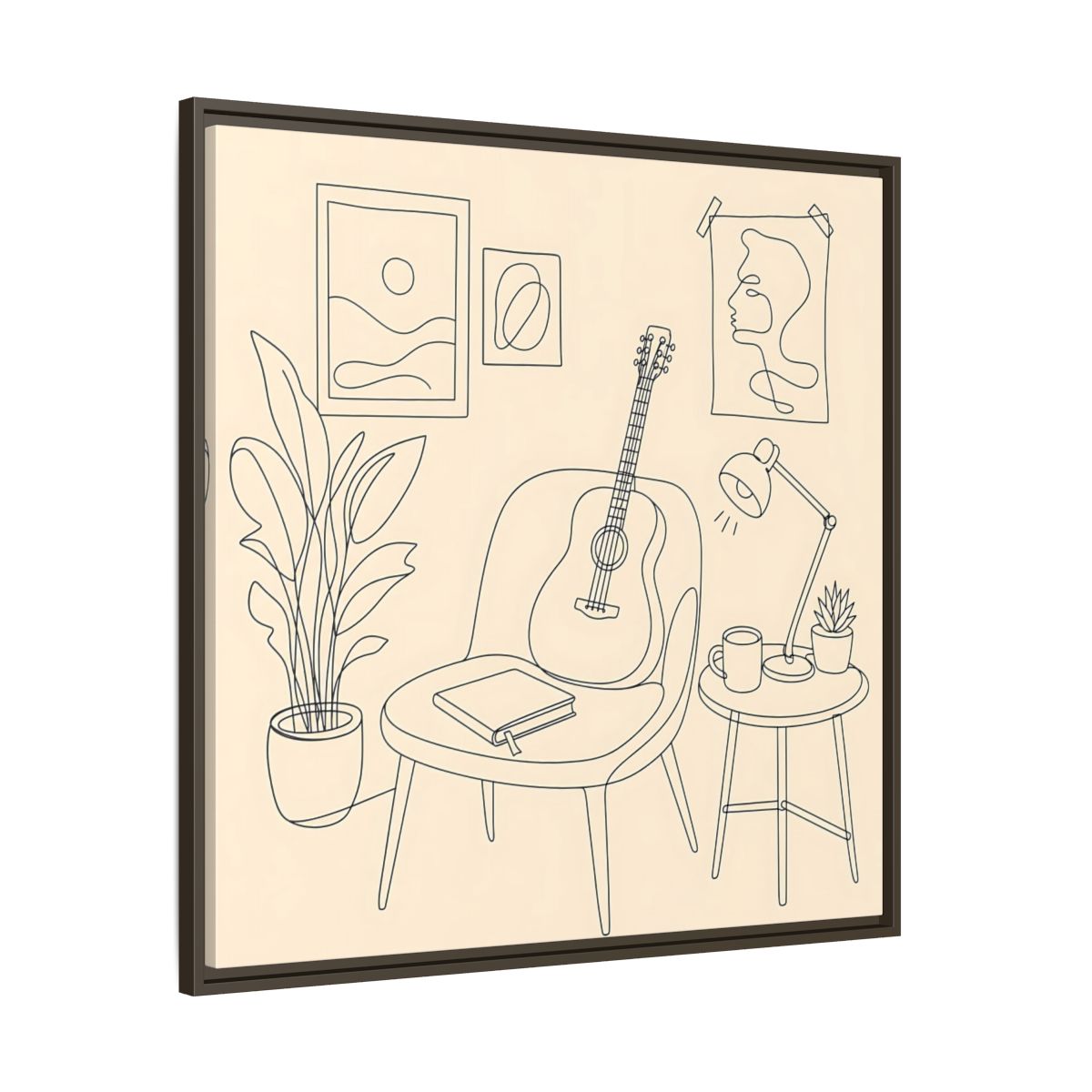 Main Mockup. Cozy Guitar Reading Nook shown as framed canvas print