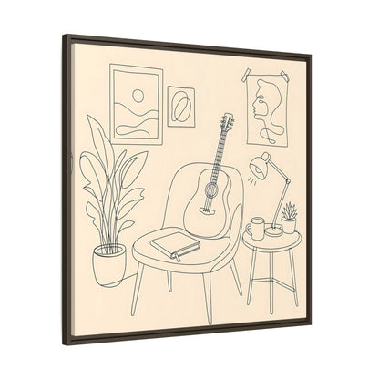 Main Mockup. Cozy Guitar Reading Nook shown as framed canvas print