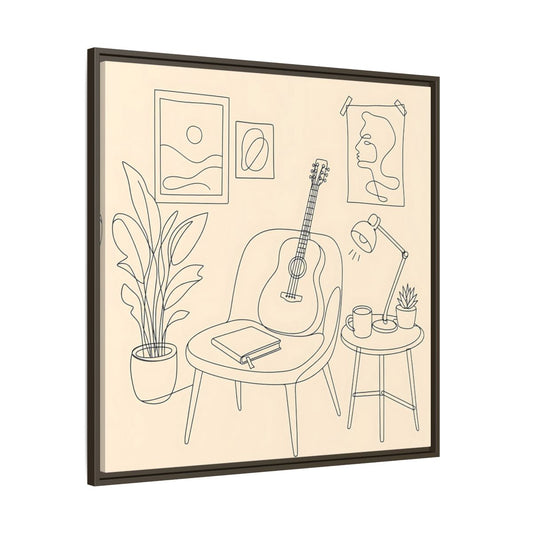 Main Mockup. Cozy Guitar Reading Nook shown as framed canvas print
