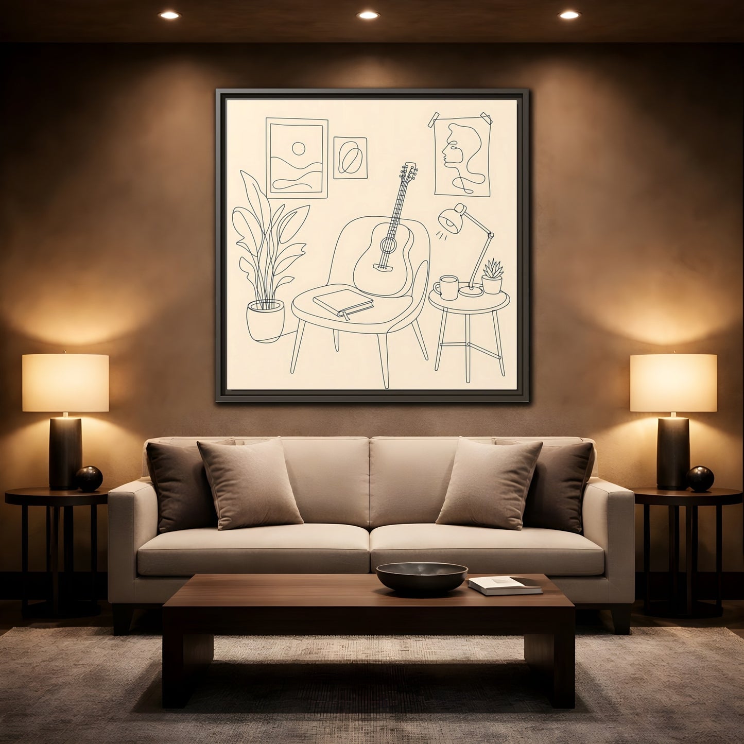 Mockup 2. Cozy Guitar Reading Nook shown as framed canvas print