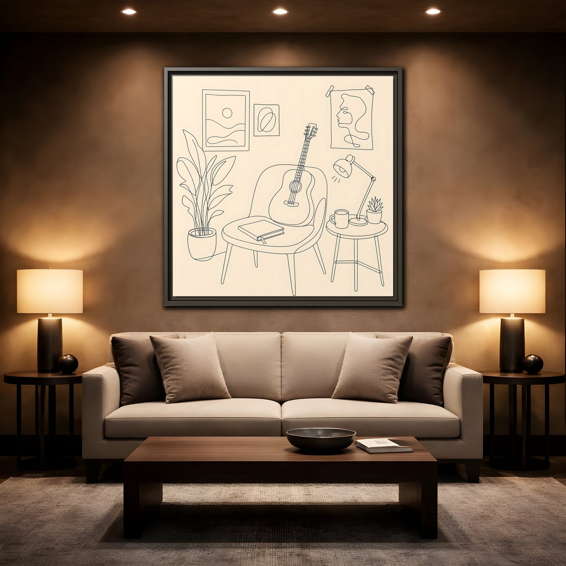 Mockup 2. Cozy Guitar Reading Nook shown as framed canvas print