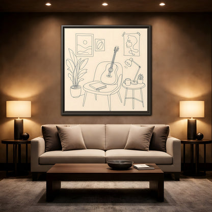 Mockup 2. Cozy Guitar Reading Nook shown as framed canvas print