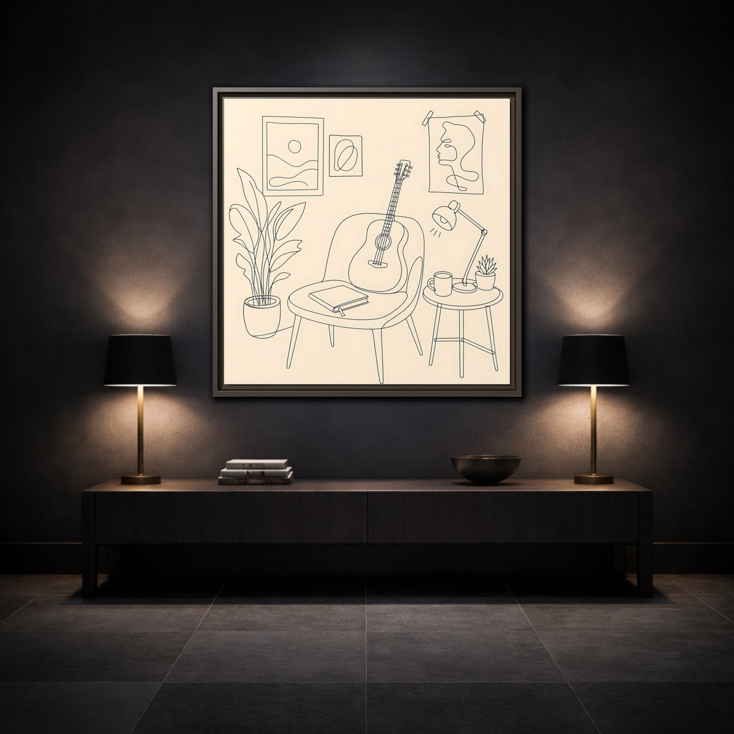 Mockup 3. Cozy Guitar Reading Nook shown as framed canvas print