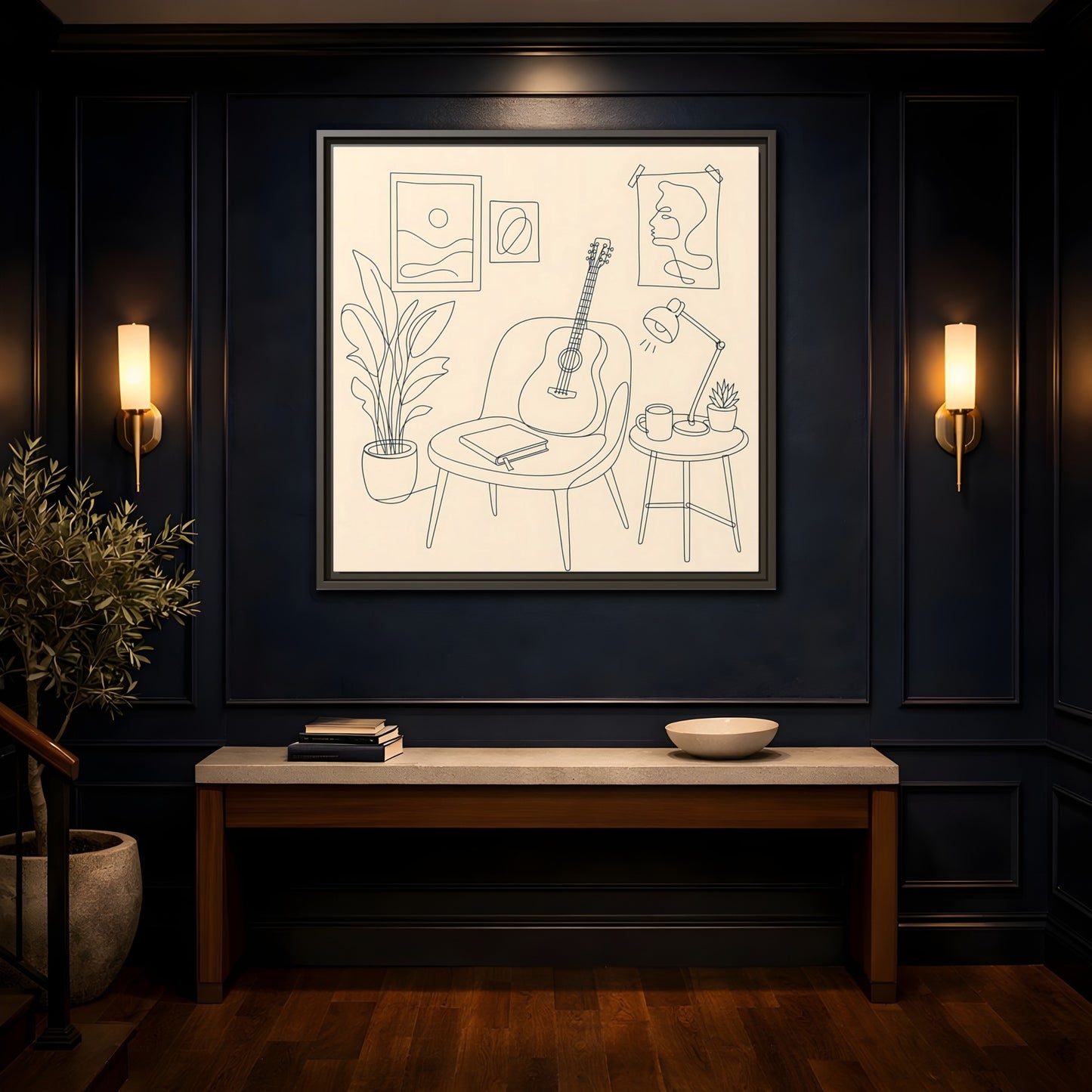 Mockup 4. Cozy Guitar Reading Nook shown as framed canvas print