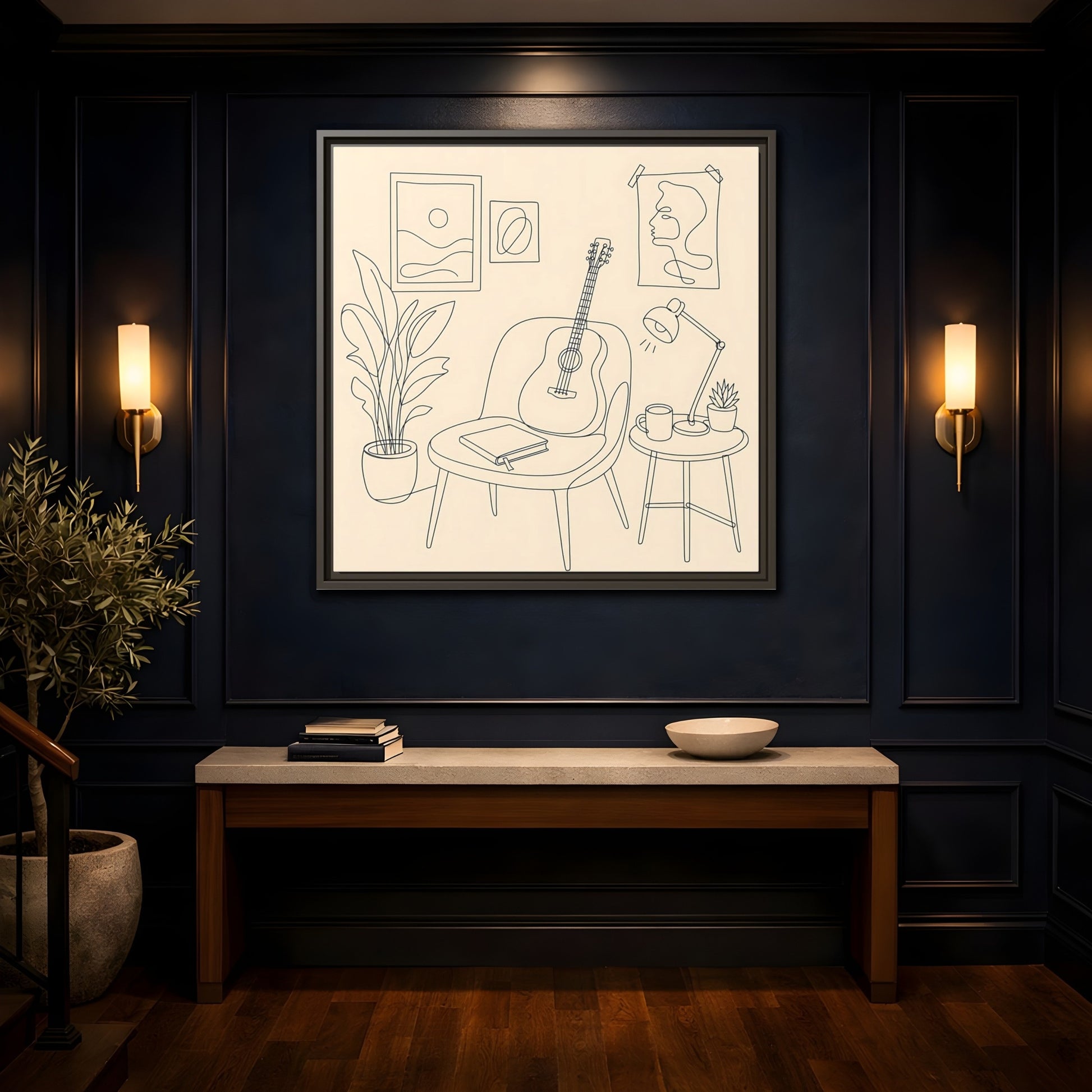 Mockup 4. Cozy Guitar Reading Nook shown as framed canvas print