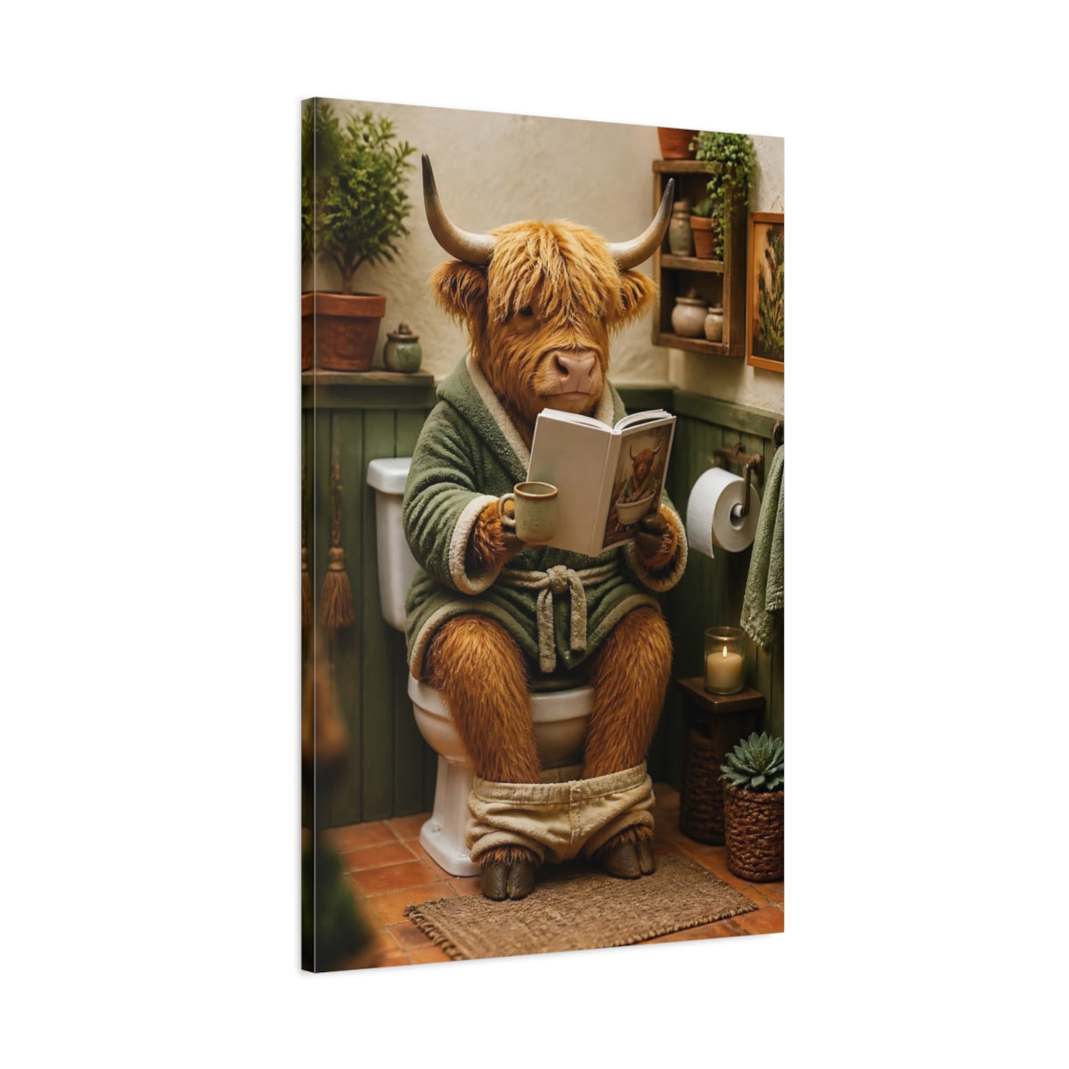 Main Mockup. Cozy Highland Cow Reading shown as canvas print