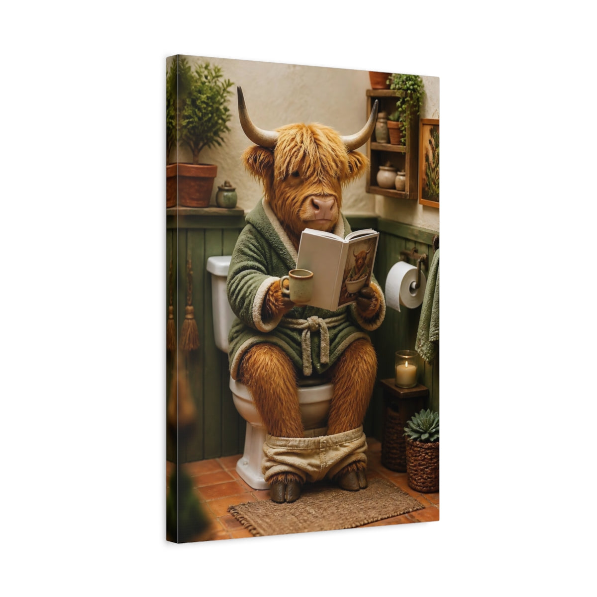 Side Mockup 3. Cozy Highland Cow Reading shown as canvas print