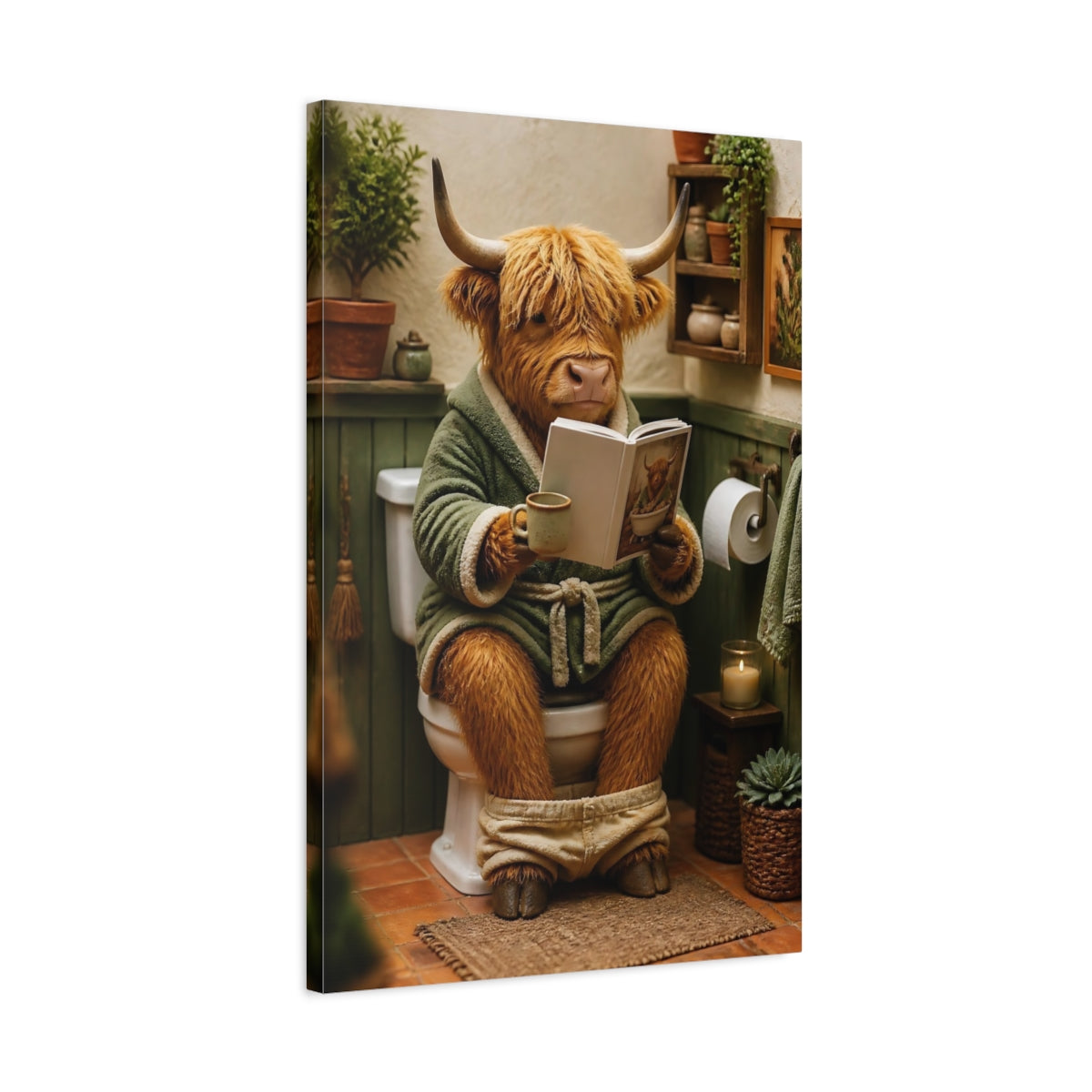 Side Mockup 2. Cozy Highland Cow Reading shown as canvas print