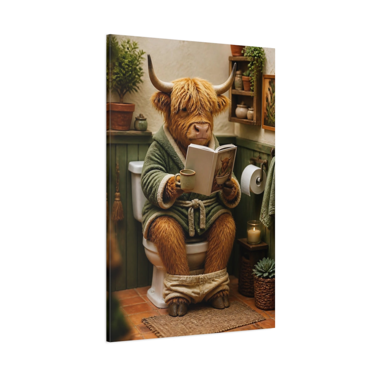 Side Mockup 1. Cozy Highland Cow Reading shown as canvas print