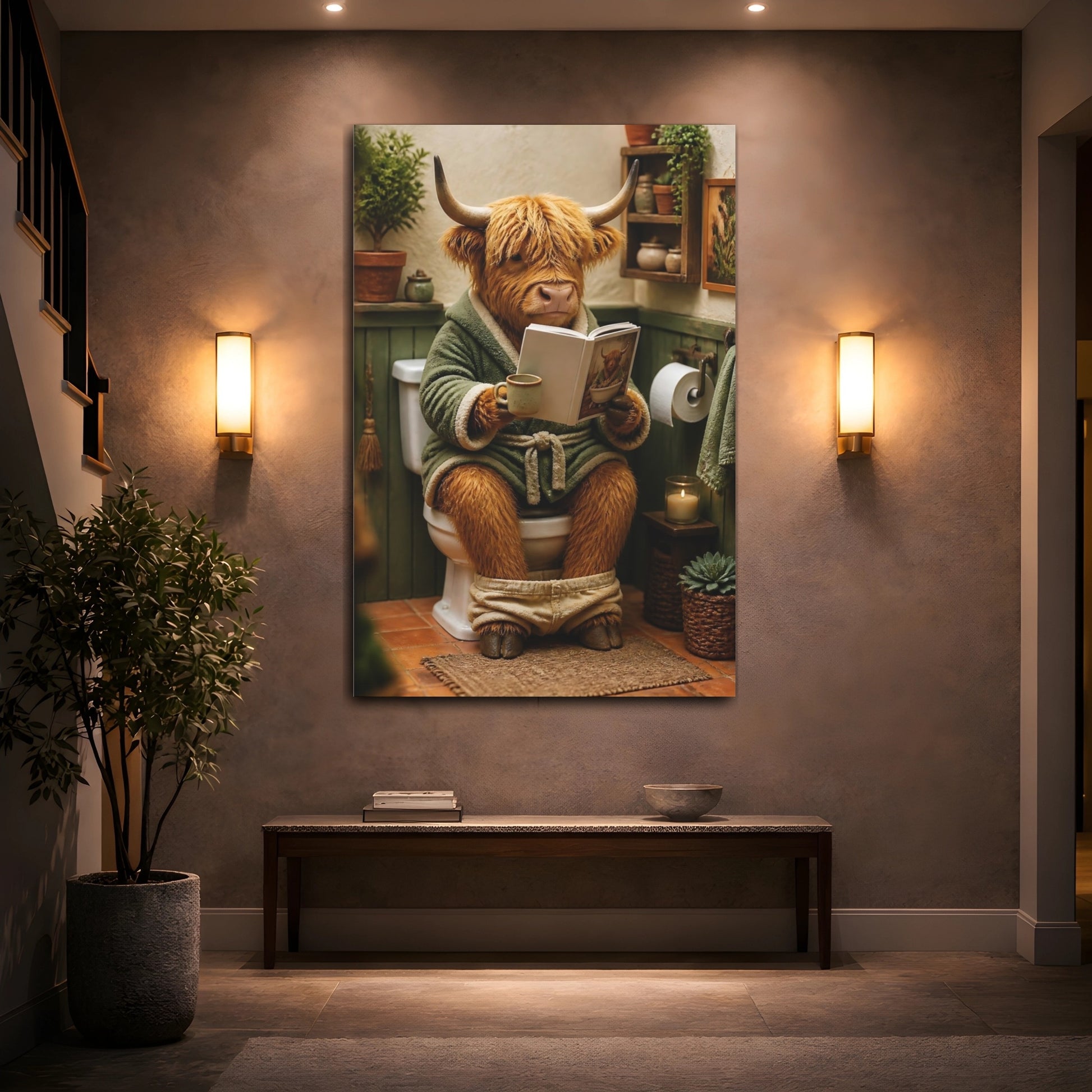 Mockup 2. Cozy Highland Cow Reading shown as canvas print