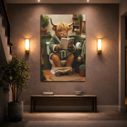Mockup 2. Cozy Highland Cow Reading shown as canvas print