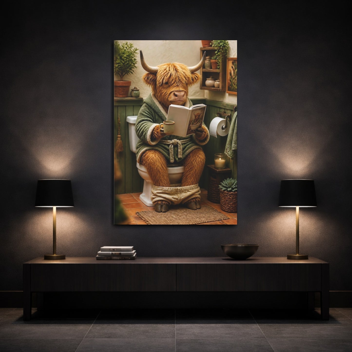 Mockup 3. Cozy Highland Cow Reading shown as canvas print