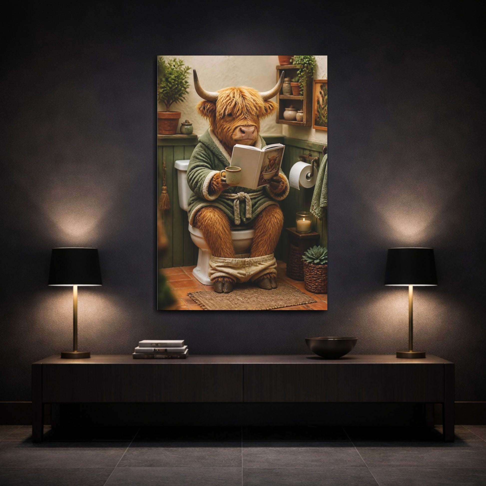 Mockup 3. Cozy Highland Cow Reading shown as canvas print