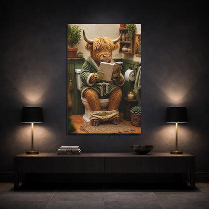 Mockup 3. Cozy Highland Cow Reading shown as canvas print