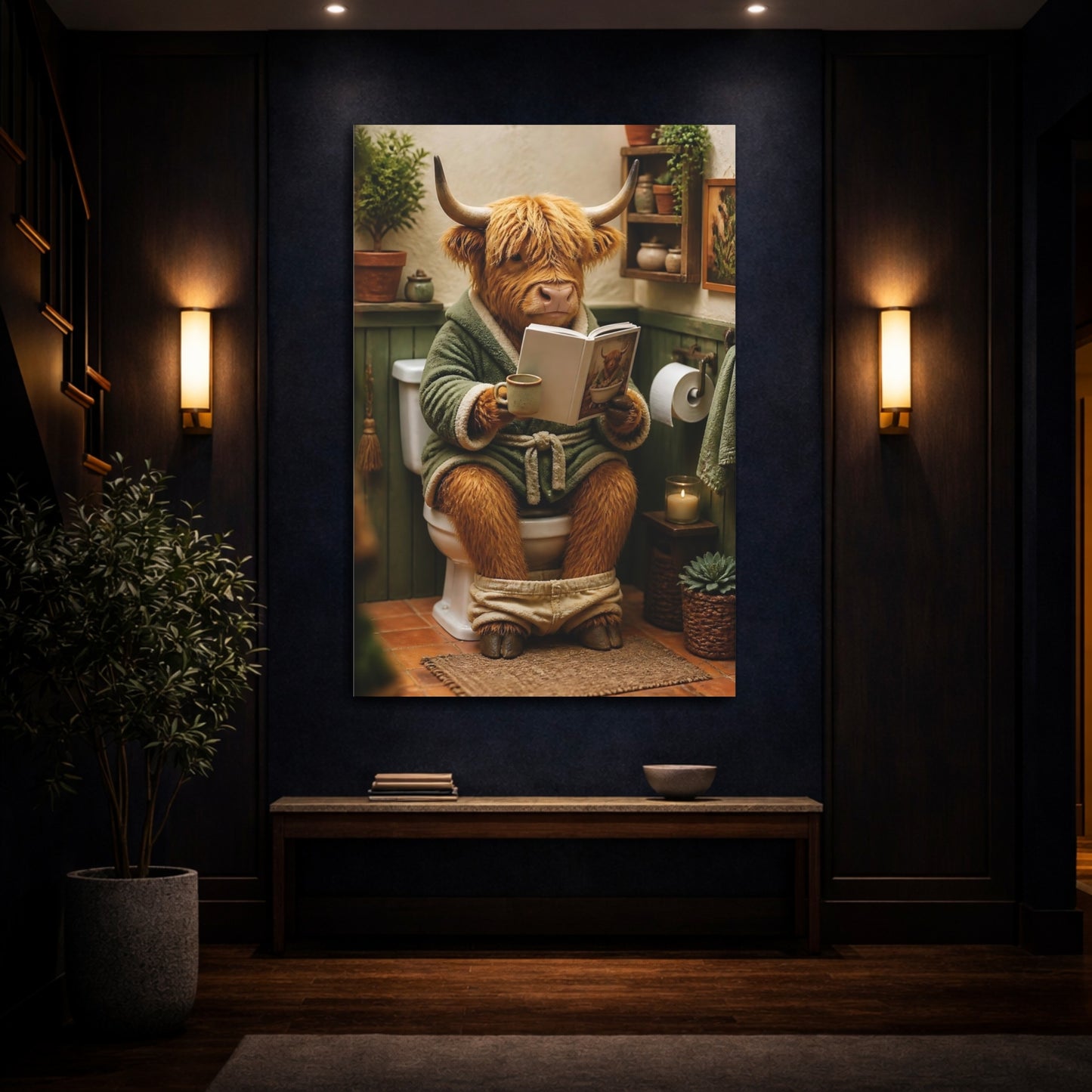 Mockup 4. Cozy Highland Cow Reading shown as canvas print
