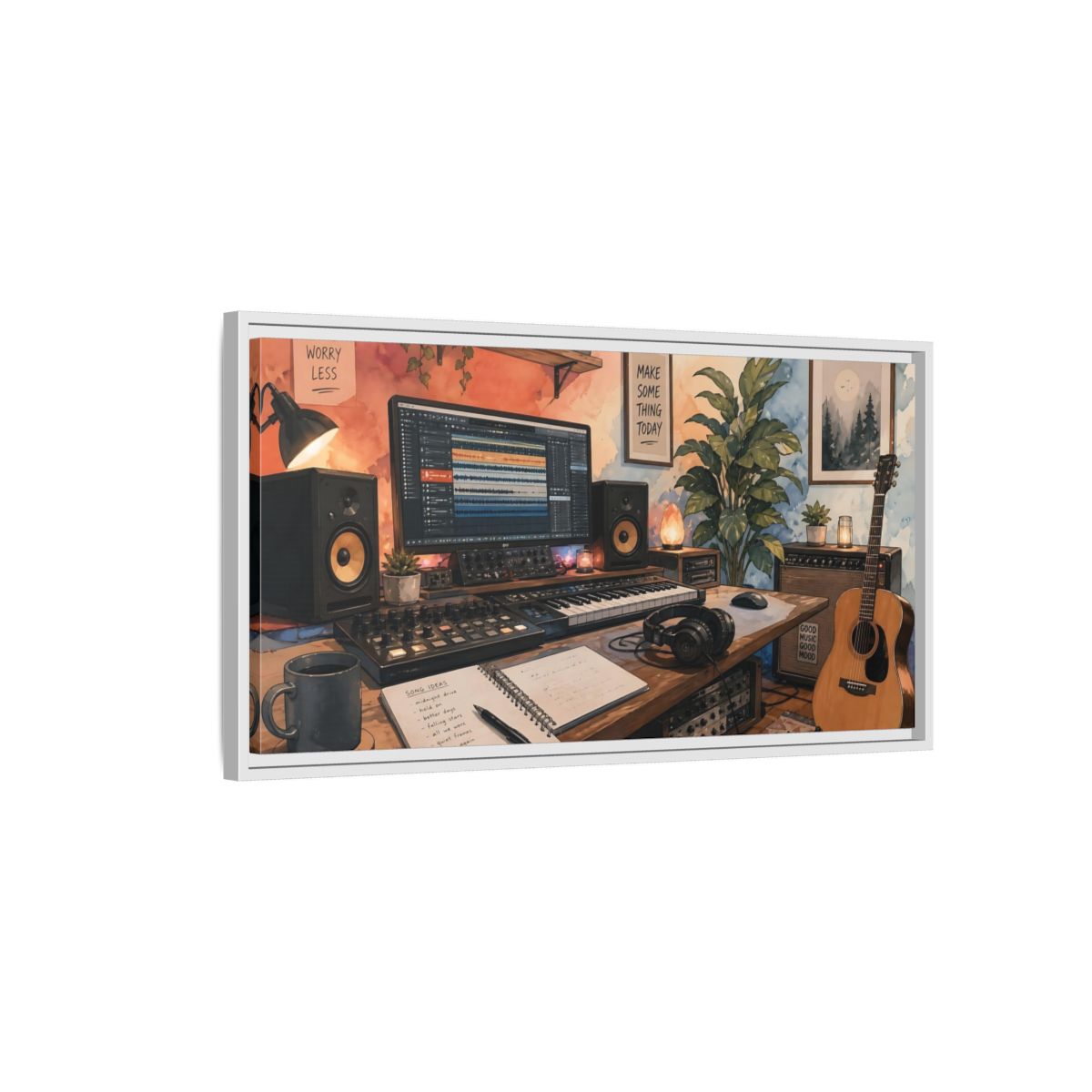 Side Mockup 1. Cozy Home Music Studio shown as framed canvas print