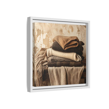 Side Mockup 16. Cozy Neutral Blanket Stack shown as framed canvas print