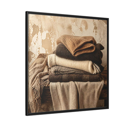 Side Mockup 6. Cozy Neutral Blanket Stack shown as framed canvas print