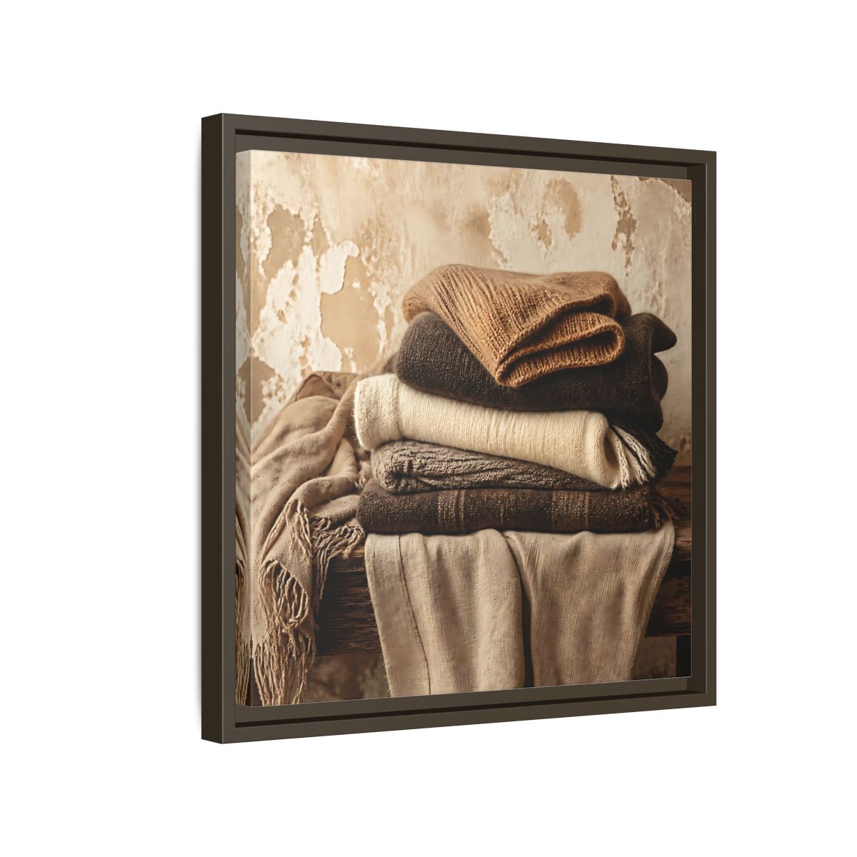 Side Mockup 14. Cozy Neutral Blanket Stack shown as framed canvas print