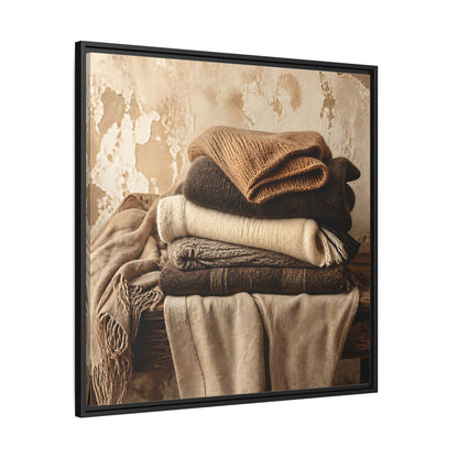 Side Mockup 30. Cozy Neutral Blanket Stack shown as framed canvas print