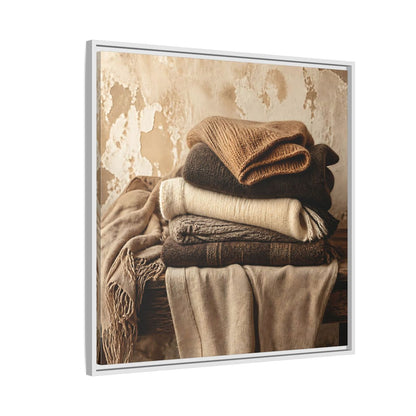 Side Mockup 7. Cozy Neutral Blanket Stack shown as framed canvas print
