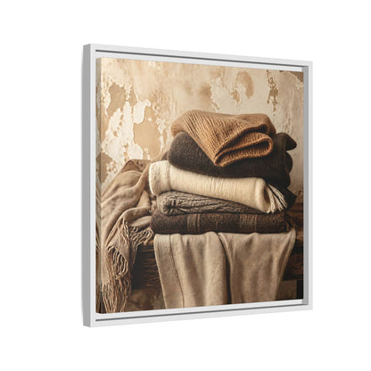 Side Mockup 10. Cozy Neutral Blanket Stack shown as framed canvas print