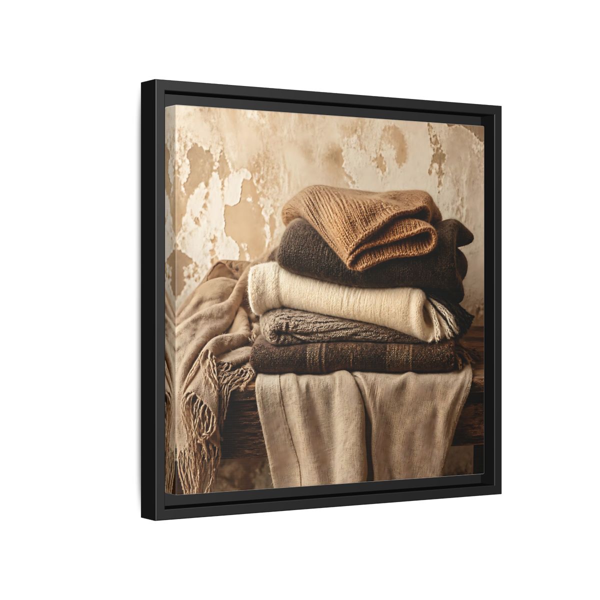 Side Mockup 15. Cozy Neutral Blanket Stack shown as framed canvas print