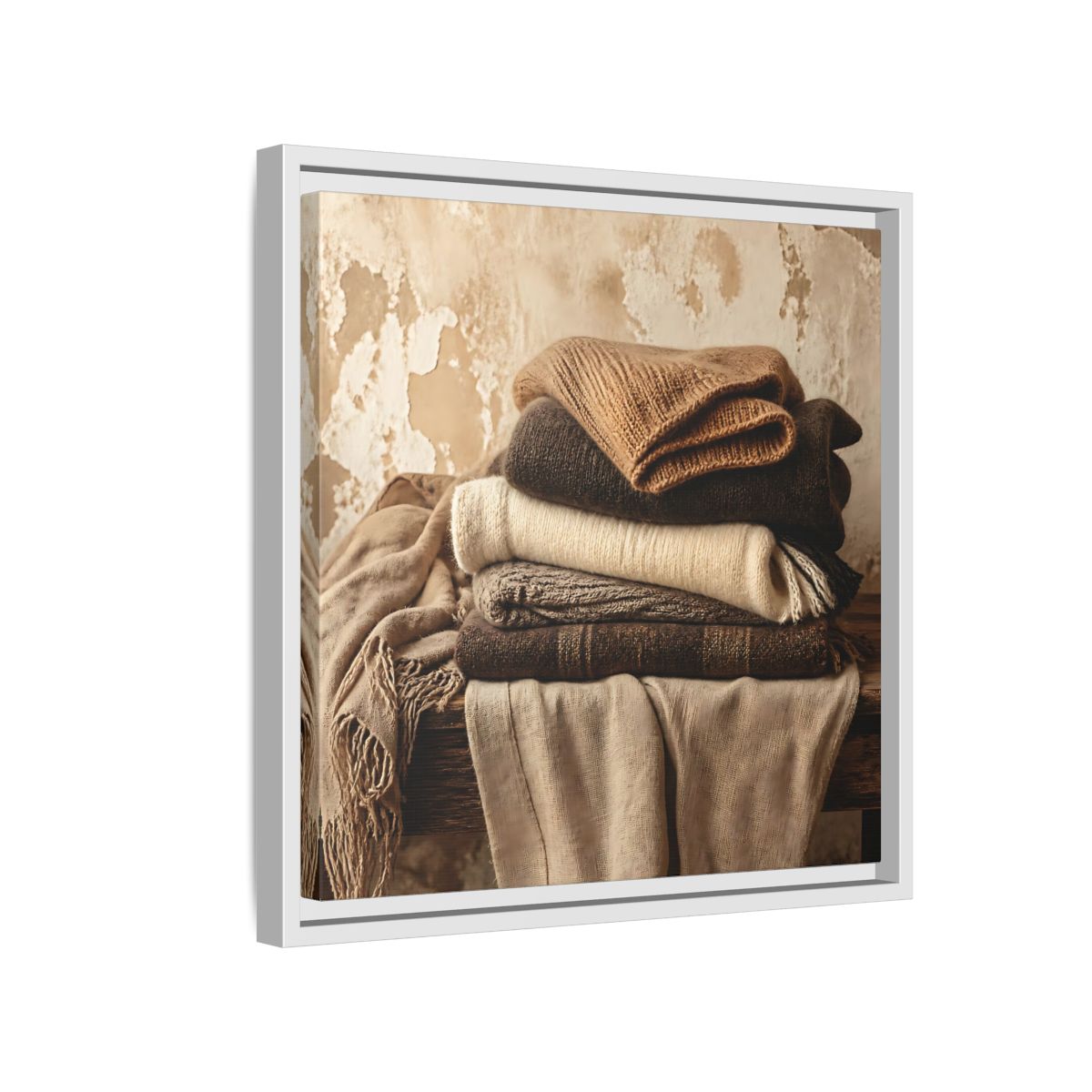 Side Mockup 13. Cozy Neutral Blanket Stack shown as framed canvas print