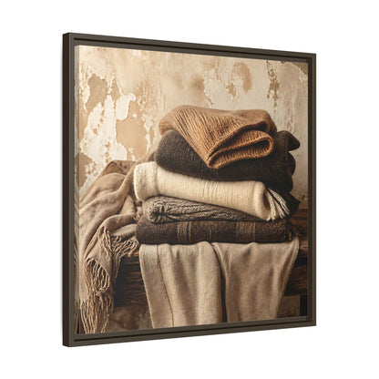 Side Mockup 27. Cozy Neutral Blanket Stack shown as framed canvas print
