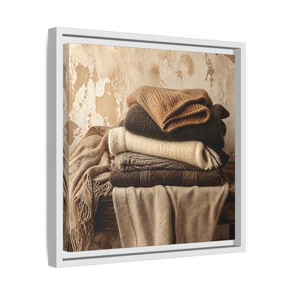 Side Mockup 28. Cozy Neutral Blanket Stack shown as framed canvas print