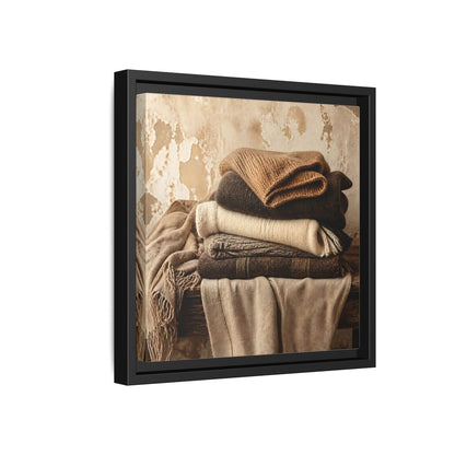 Side Mockup 18. Cozy Neutral Blanket Stack shown as framed canvas print