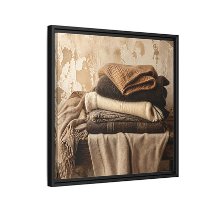 Side Mockup 12. Cozy Neutral Blanket Stack shown as framed canvas print